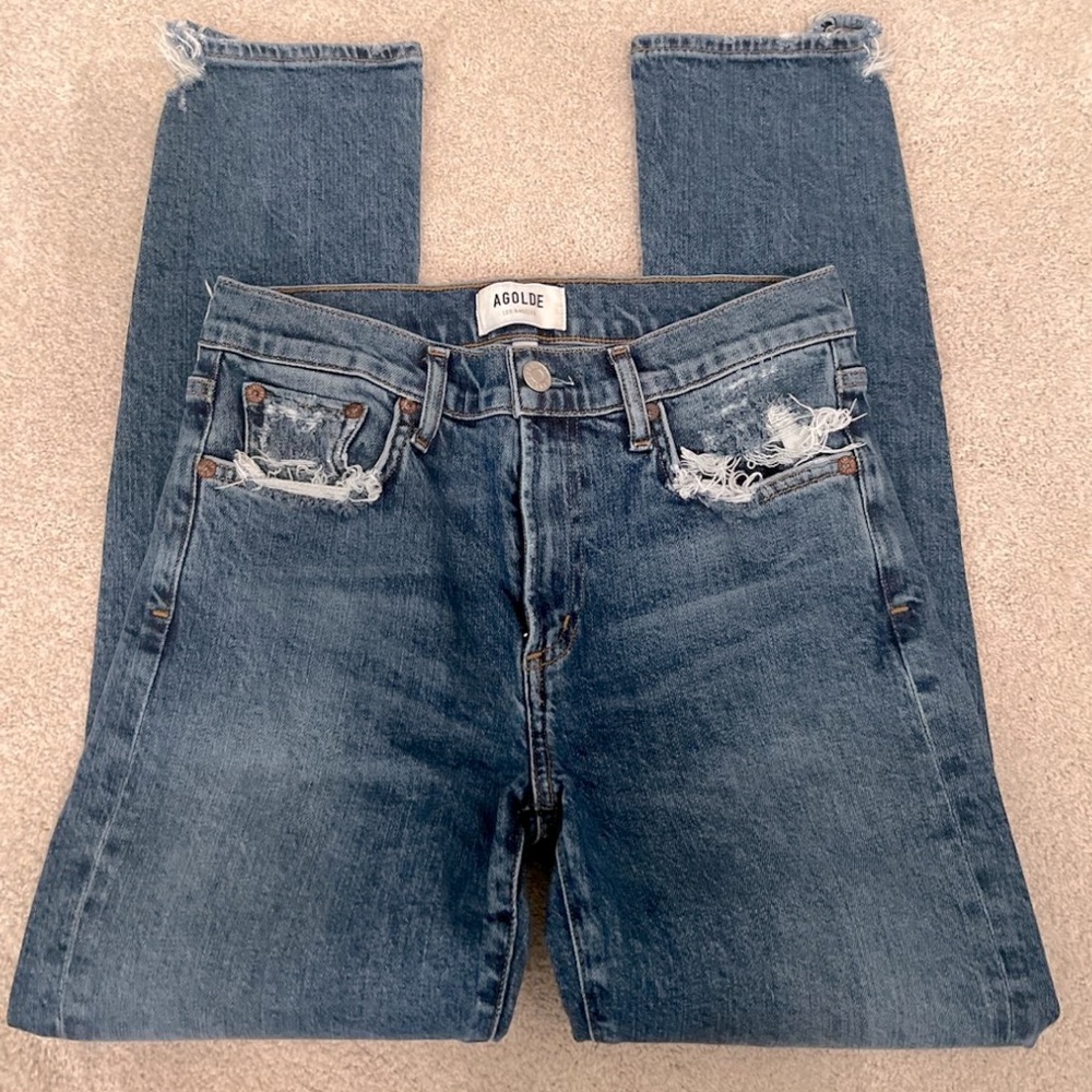 AGOLDE dark wash skinny jeans with distressed accents!!